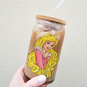 Disney Princess Aurora 16oz can glass with bamboo lid & straw